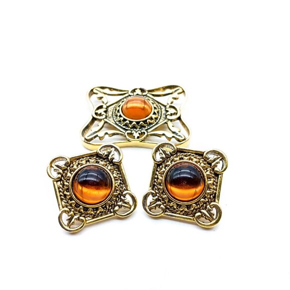 Vintage Avon Queens Eye Matching Brooch and Clip On Earrings Set, Gold Tone - Picture 4 of 5